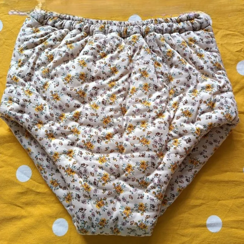 Floral Print Quilted Briefs Fluffy Warm Padded Mid Waist Panties Elastic Waist Adult Training Pants Washable Reusable Handmade