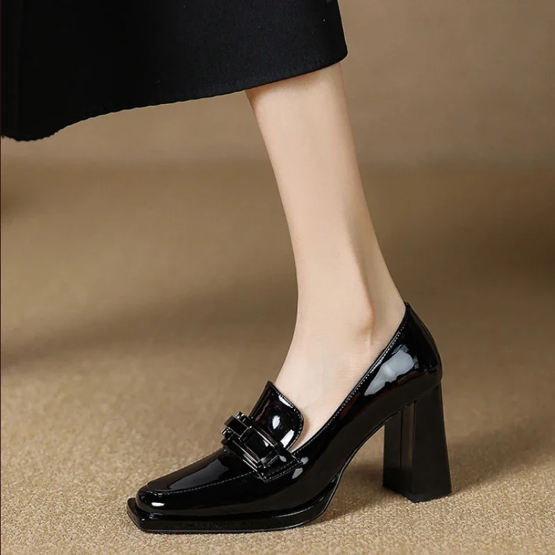 Autumn 2023 New Pumps Shoes Women\'s Fashion Retro Metal Buckle Single Shoes Women\'s Casual Small Leather Shoes Chunky Heel