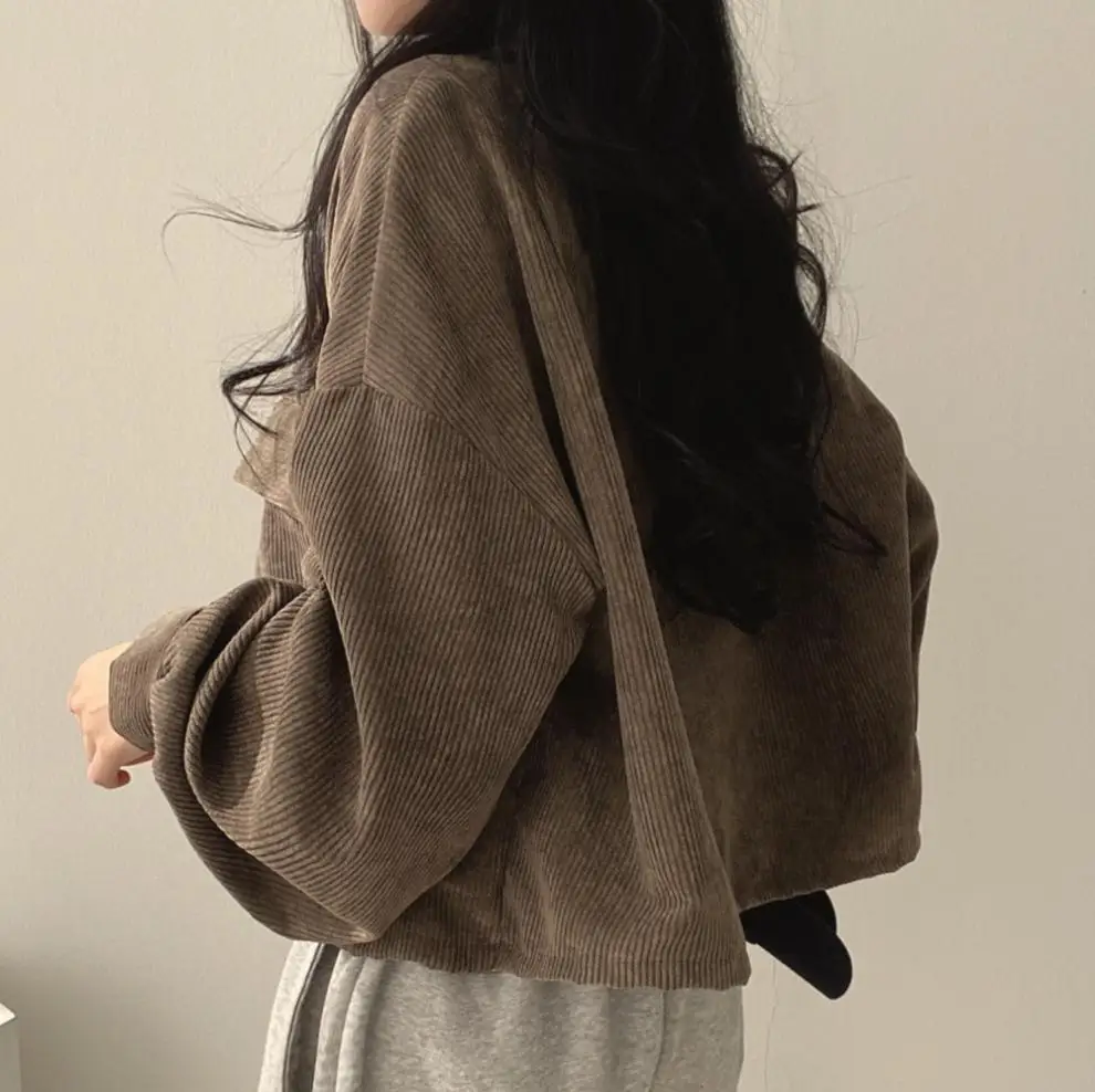 

Chic Pockets Long Sleeve Cropped Blouse for Women Corduroy Drawstring Short Jacket Woman Korean Wild Solid Color Coats