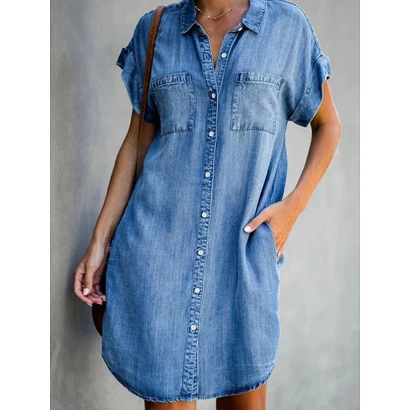 Summer New Single Breasted Denim Shirt Dress Women's Casual Loose Pocket Simple Retro Commuter Female Office Denim Short Skirt