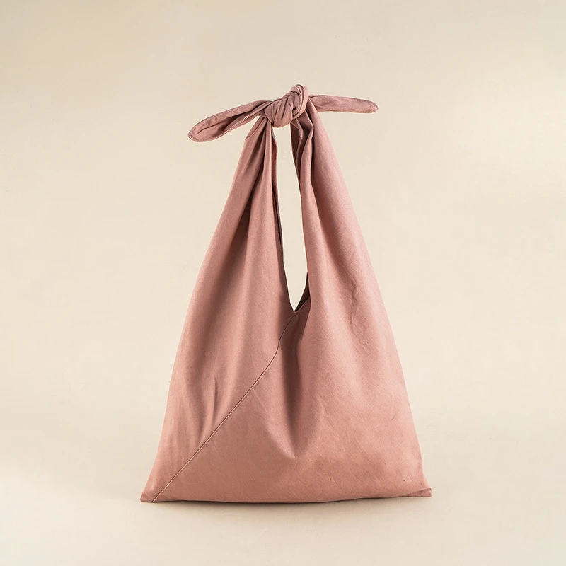 Summer New Solid Pink Color Cotton Tote Bag Japanese Style Large Capacity Foldable Simple Shoulder Bag Female Knotting Bag 2024