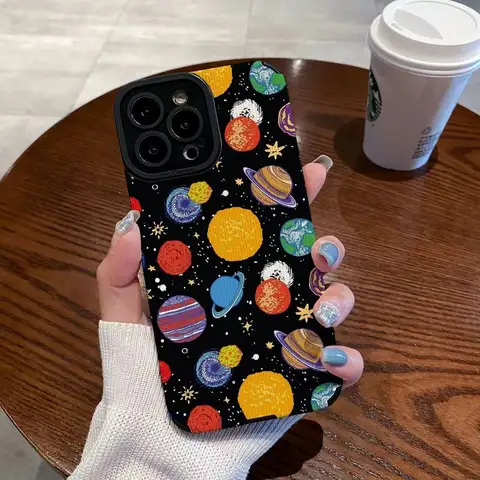 For iPhone 16 Pro Max Colorful Planet Silicone Phone Case For iPhone 15 14 17 Pro Max Plus Air 11 12 13 Mini Leather Shockproof