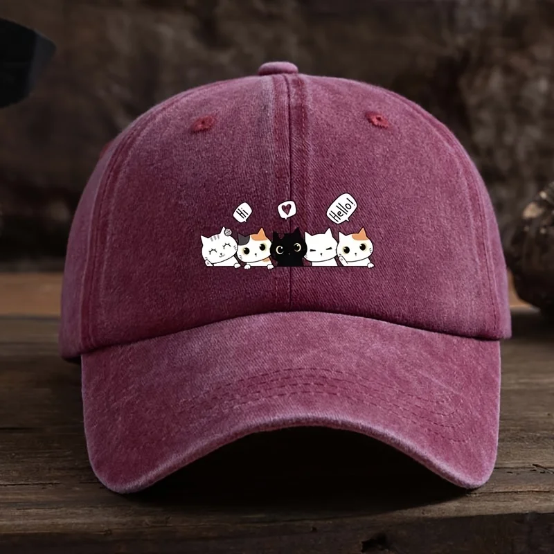 Gorra de Béisbol con Estampado de Gatitos de Dibujos Animados, Gorra de Pesca Retro Lavada, Gorra de Hip-Hop para Hombre y Mujer, Gorra de Calle, Gorra para el Sol