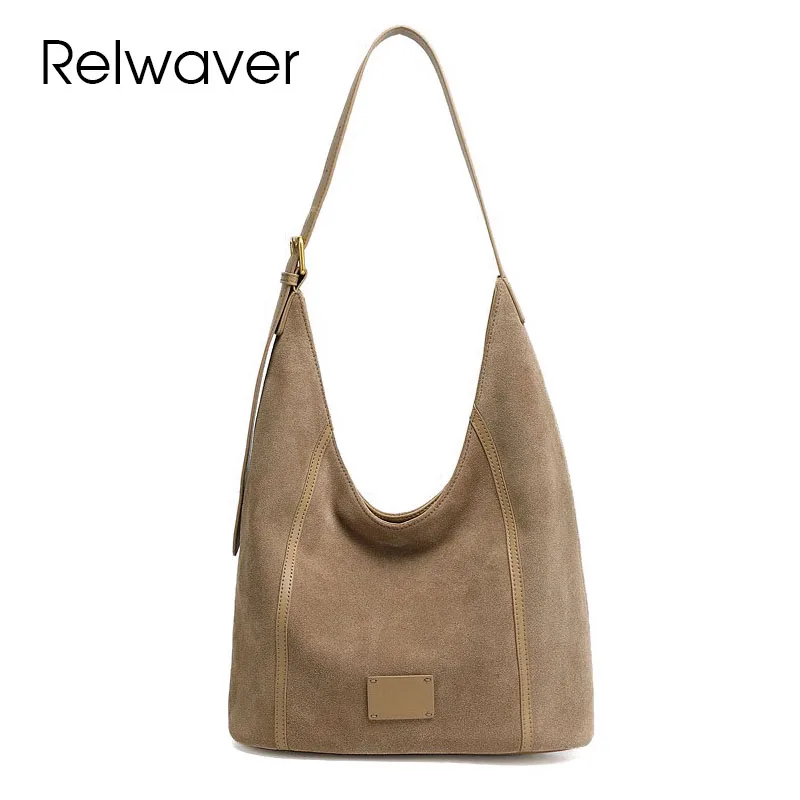 

Relwaver women underarm bag suede cowhide bucket bag grey zipper shoulder bag brief versatile crossbody bag