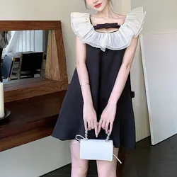 Summer Ruffled Neck Dresses French Style Sleeveless Female Clothing Stylish Bow Elegant Drawstring Backless Straight Midi Dress