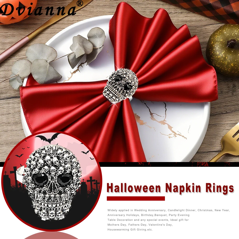 

6Pcs Halloween Napkin Rings Silver Skull Napkin Holders for Home Dinner Table Setting Halloween Party Supply