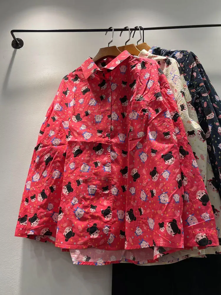 

Spring 2025 Women's Faion Slim Fit Cartoon Print Single Button Loose Long Sve irt Versatile Casual Cotton Workwear