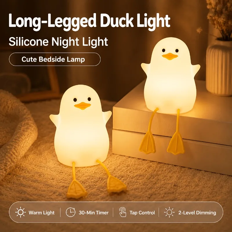 Cute Duck Night Light USB Rechargeable Soft Night Light 30-Min Auto Off Timer Decorative Lamp for Bedroom Office Desk Cute Gift