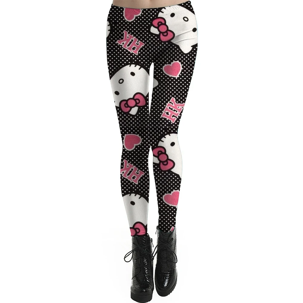 Spring/summer Kuromi Hello Kitty print women's slim-fit stretch comfortable casual leggings Pink tight fitting women's leggings