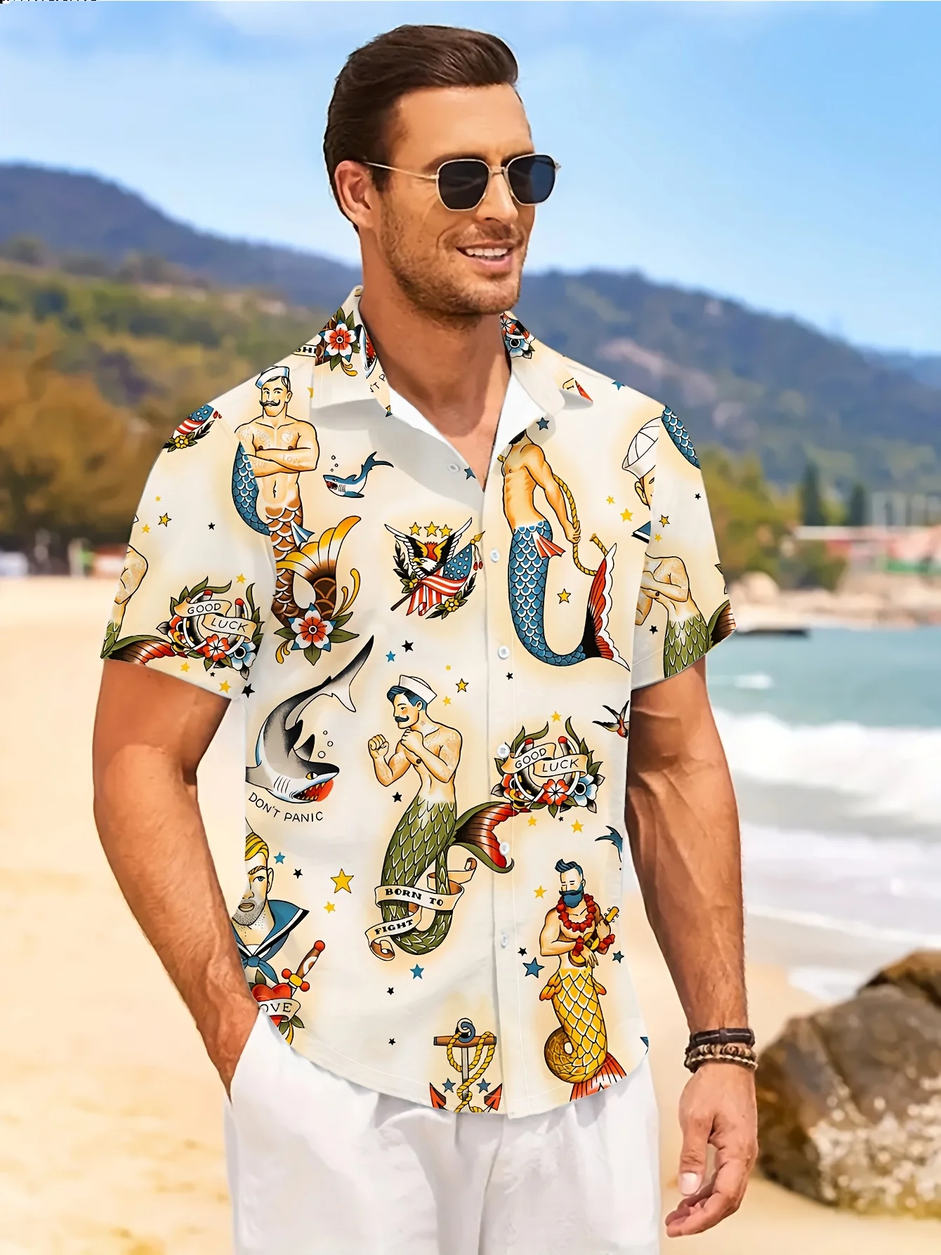 Men's Novelty Retro Tattoo Shirts Mermaid Sailor Shark Anchor Printed Loose Beach Short Sleeve Tops Men Clothes