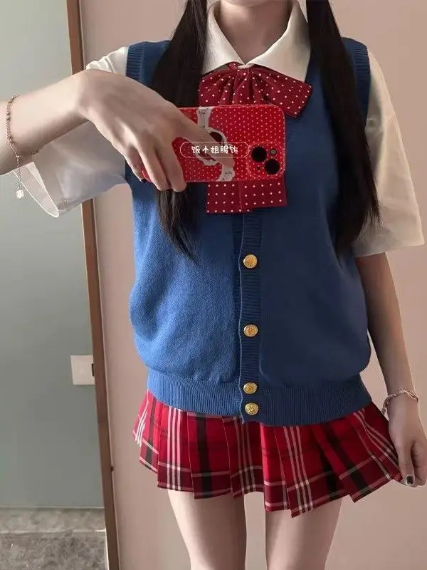 

College Style JK Uniform Blue Knitted Cardigan Vest Base Shirt Short Sleeve Layered Top Set Breathable Polyester Fabric