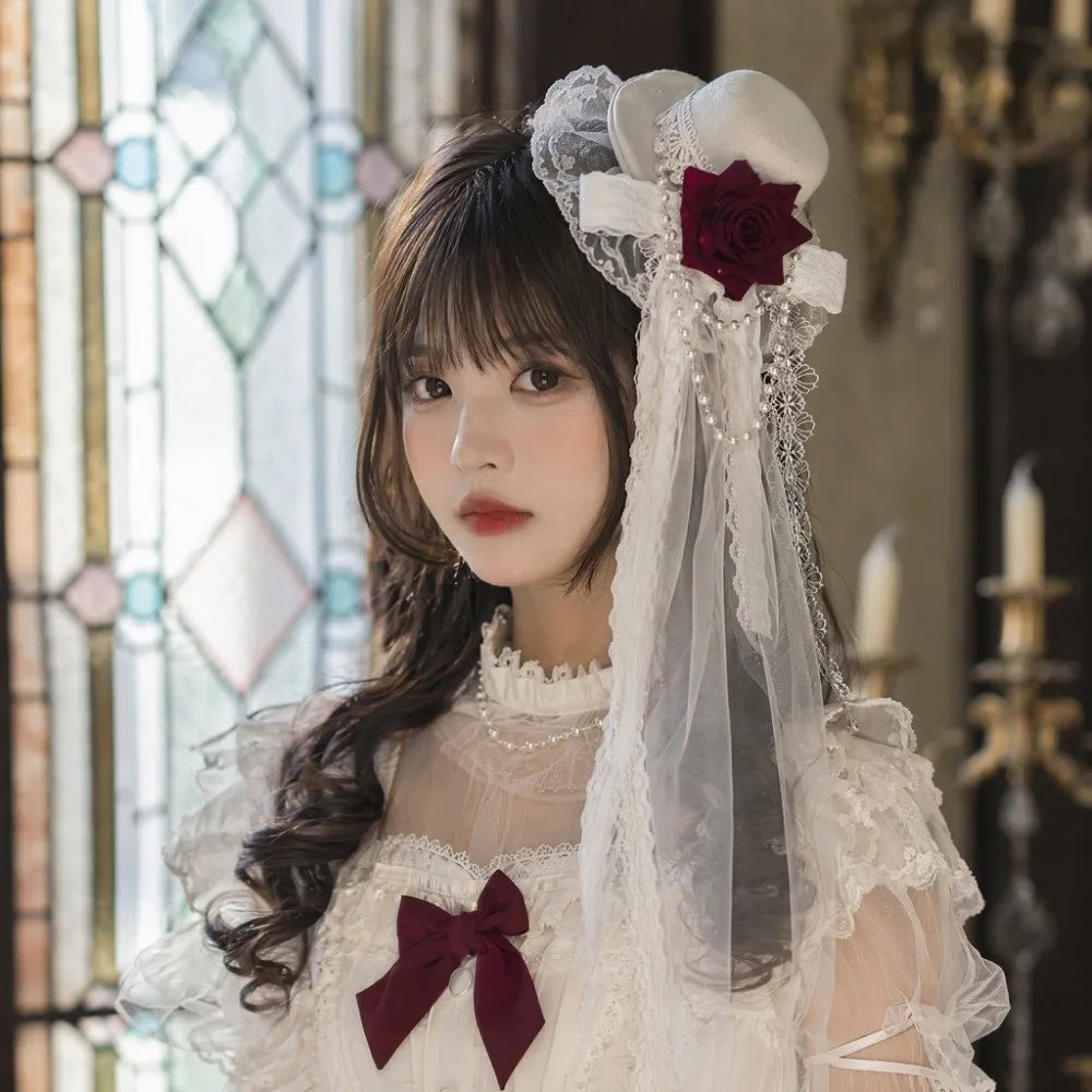 Lace Gothic Lace Veil Rose Decoration Elegant Style Mini Top Chiffon Rose Hat Victorian Chain Detail Retro Small Top Hat