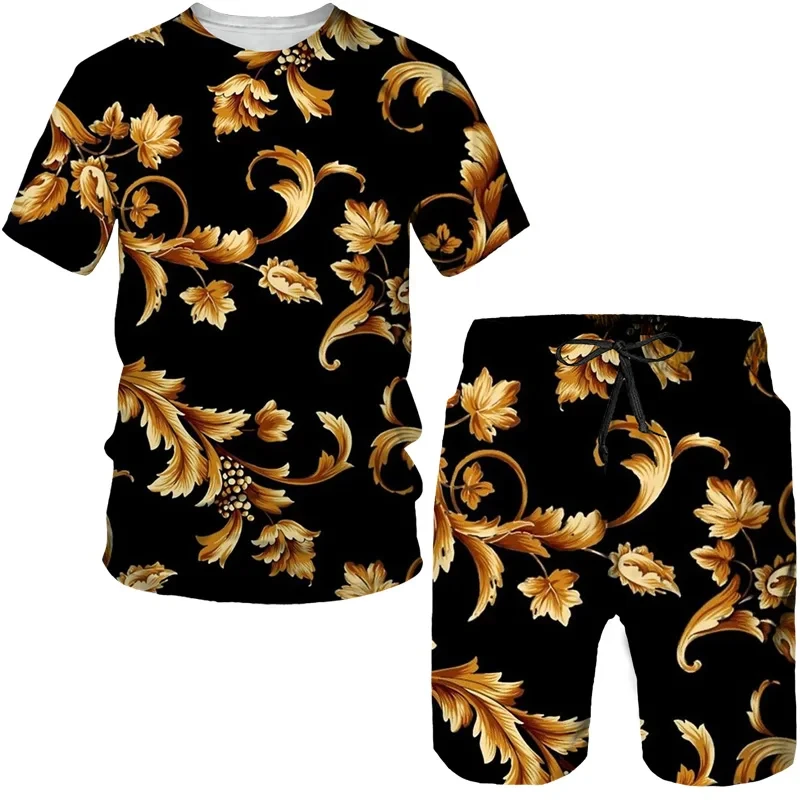 2025 Summer New Luxury Gold Printed 3D Men's and Women's T-shirt Shorts Set Retro Baroque Pattern Two Piece Set