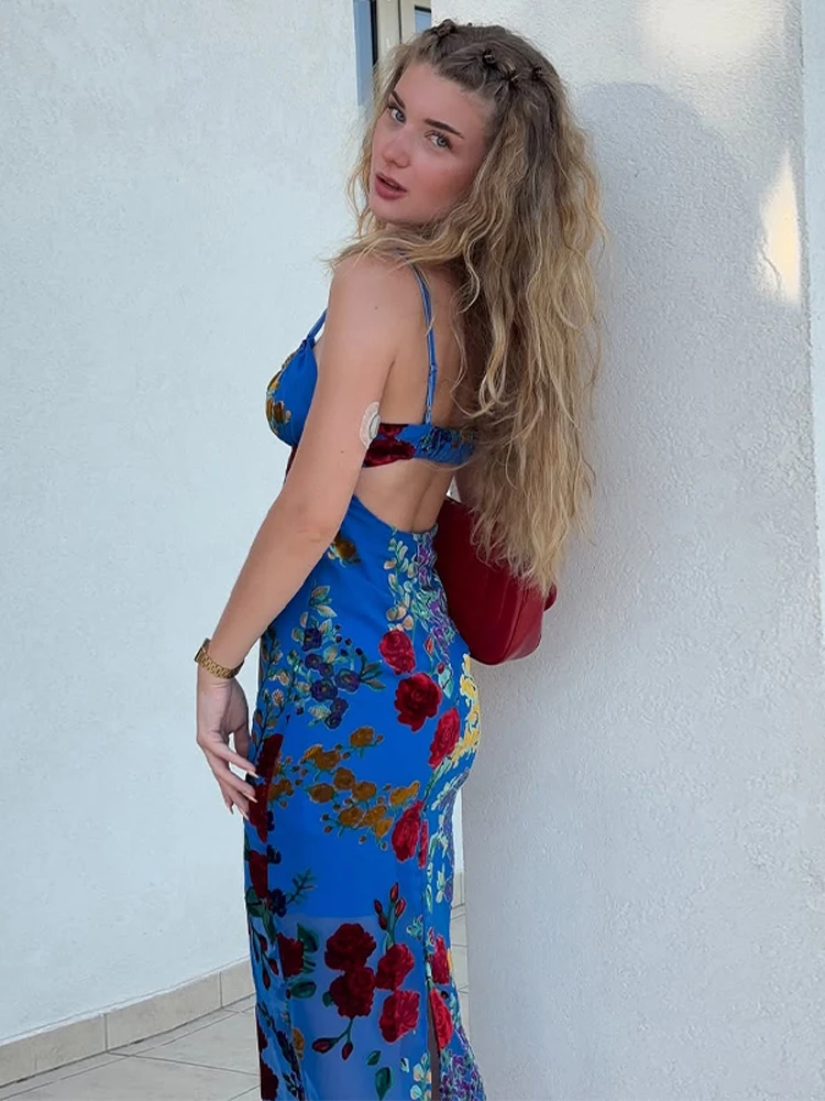 Retro Printed Camisole Long Dress Woman Lace up Waist Cinched Backless Flower Sleeveless Dresses Fashion Sexy Lady's New Dresses - Image 4