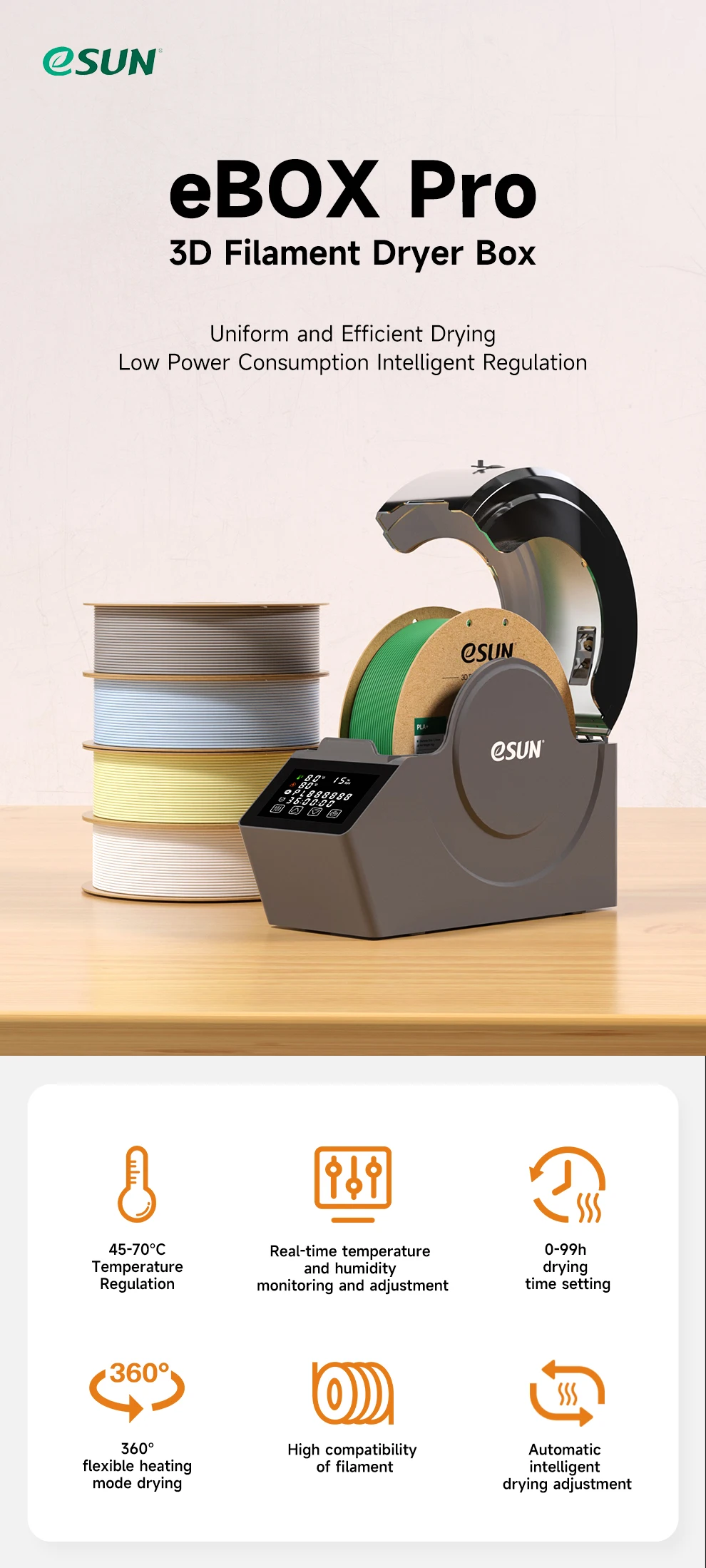 ESUN 3D-Filament-Trockner Verbesserte 3D-Filament-Trocknungsbox eBox Pro Aufbewahrungsbox Hochtemperatur-PI-Heizung 360 ° Umgebungs-Trockner – Detail 1