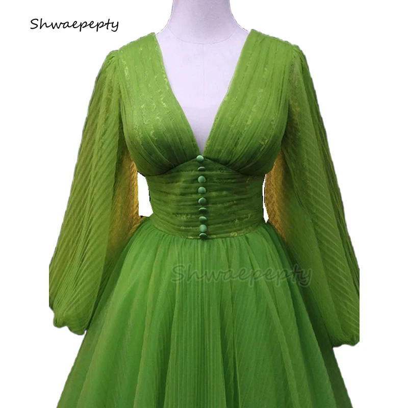 Elegant Green Evening Formal Dress Empire Waist Pleats Tulle A-Line Long Party Prom Gown Full Sleeves V-neck Covered Buttons