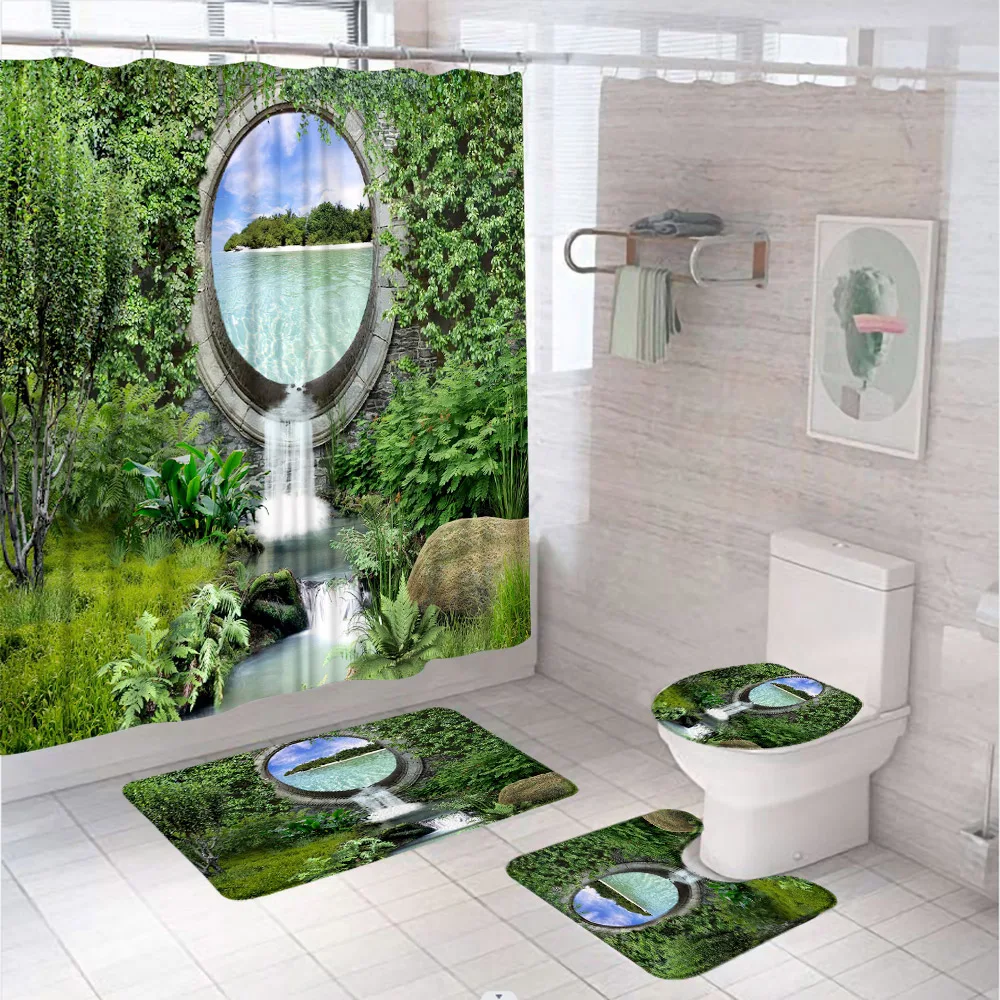 

4Pcs Garden Waterfall Shower Curtain Sets Natural Scenery Green Plant Sea Bath Curtains Bathroom Rug Toilet Lid Cover Hoom Decor