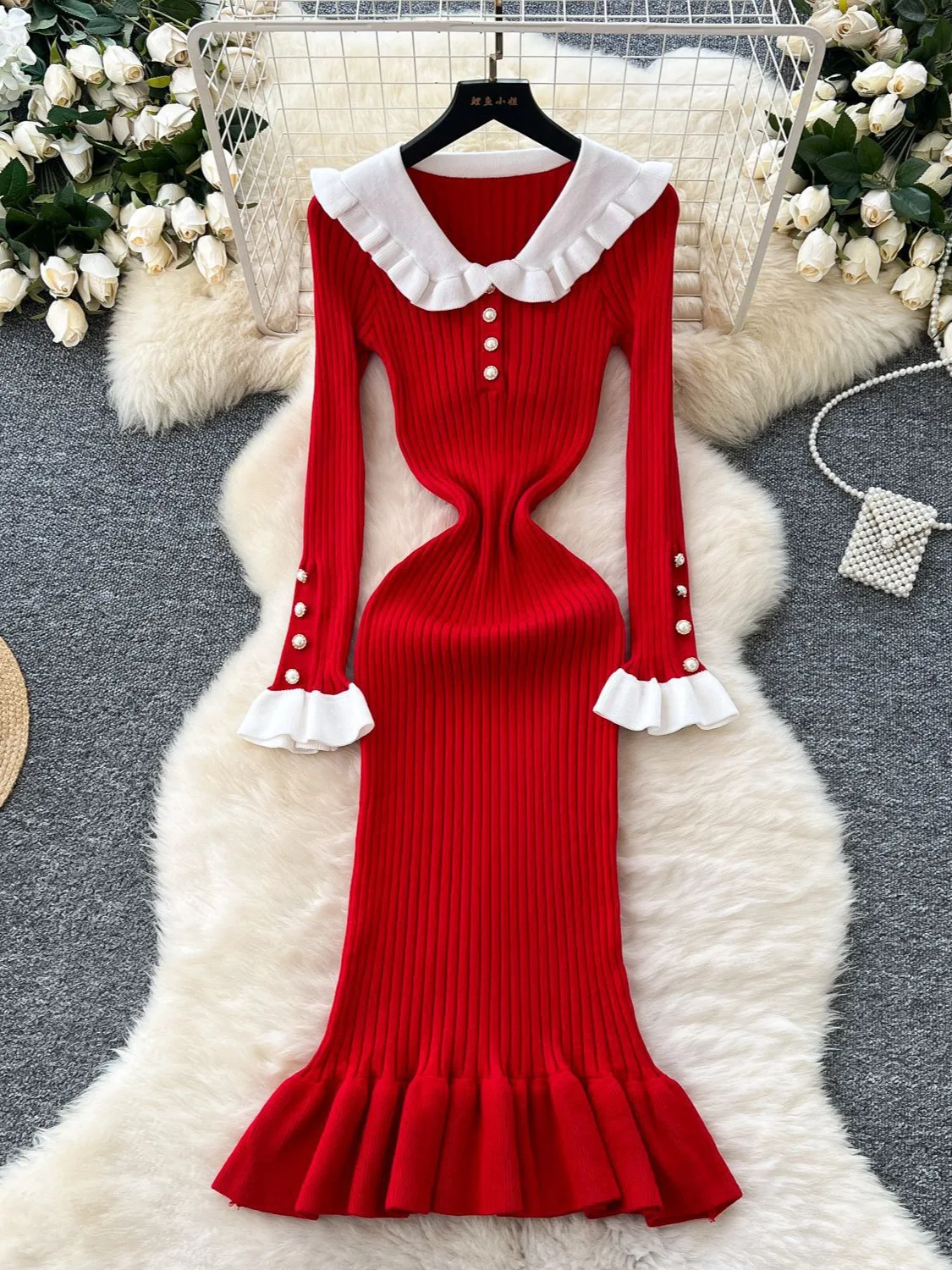 

Женский синий вязаный свитер с кукольным воротником, платье русалки в стиле Харадзюку, элегантный облегающий дизайн с расклешенными рукавами и рюшами, зимний модный наряд