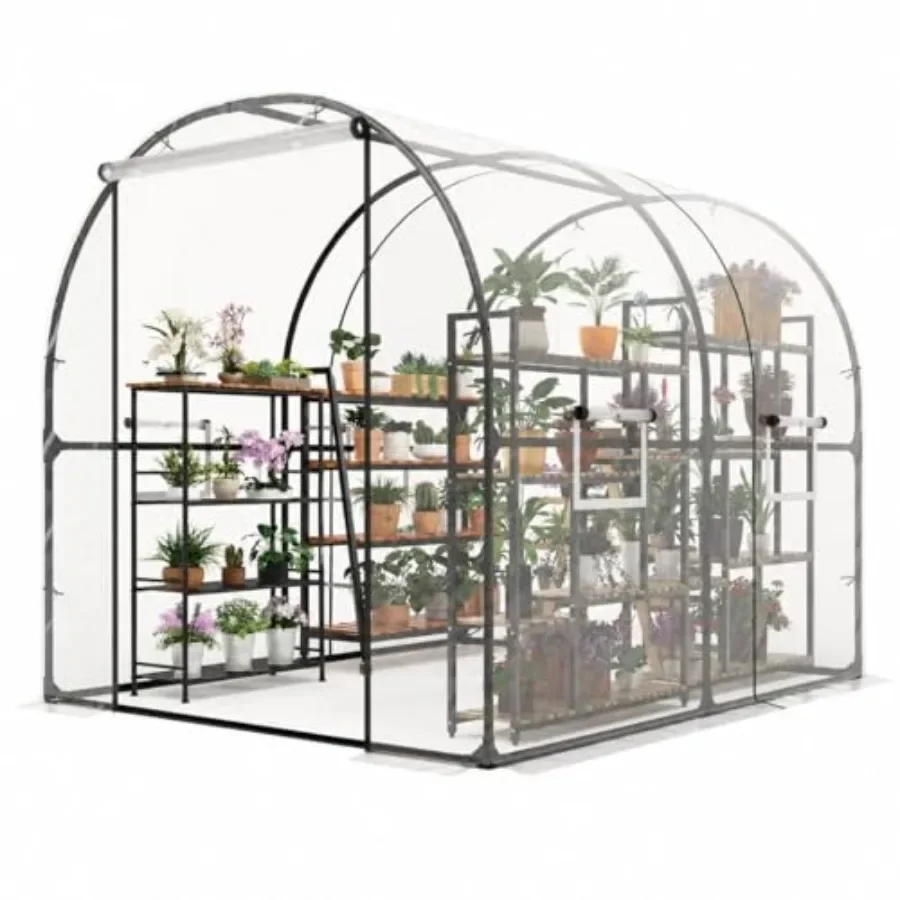 Large Walk-in Tunnel House for Garden Plants: Heavy Duty Galvanized Steel Frame, Black Mesh Door Windows, Roll-Up Zipper Door,