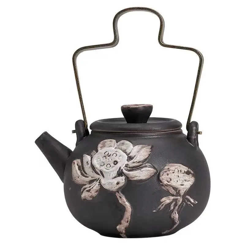 1Pc 220ML Wabi Silent Wind Lotus Round Rhyme Beam Pot Coarse Pottery Ball Hole Filter Tea Breaker Kung Fu TeaSet Handmade Teapot