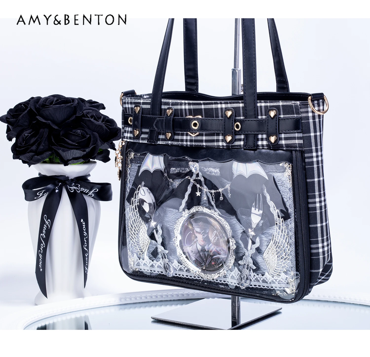 Pink Black Splicing Color Leather Transparent Shoulder Bag Japanese Cute Two-dimensional Large-capacity Itabag Daily Tote Bag