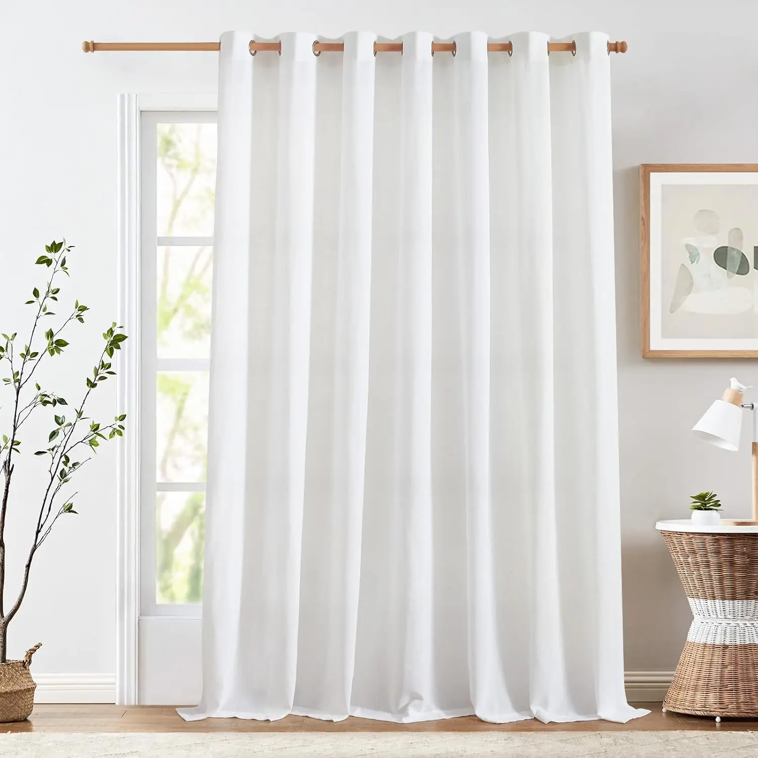 

White Linen Curtain 96 Inches Long for Sliding Glass Door, Extra Wide 100 Inch Farmhouse Semi Sheer Ceiling Curtain Livi