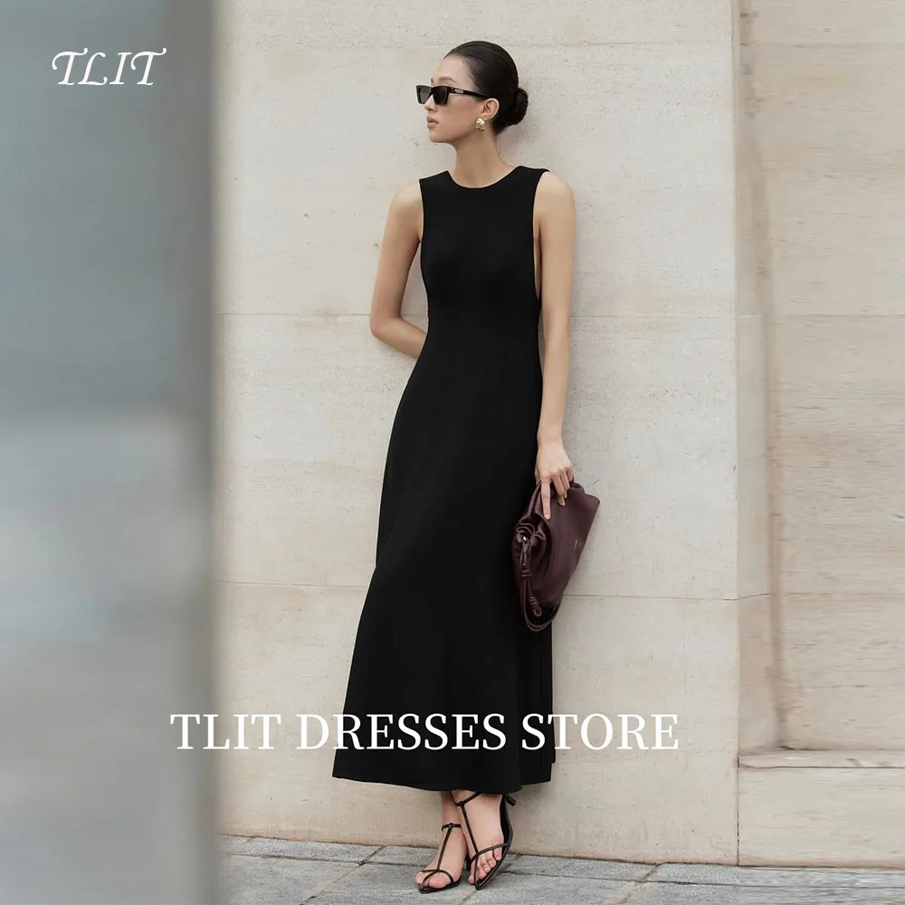 

TLIT Simple Black Satin Evening Dress Korea Wedding Dress Photo Shoot O-Neck Backless Prom Gowns Customized Ankle-Length Gowns