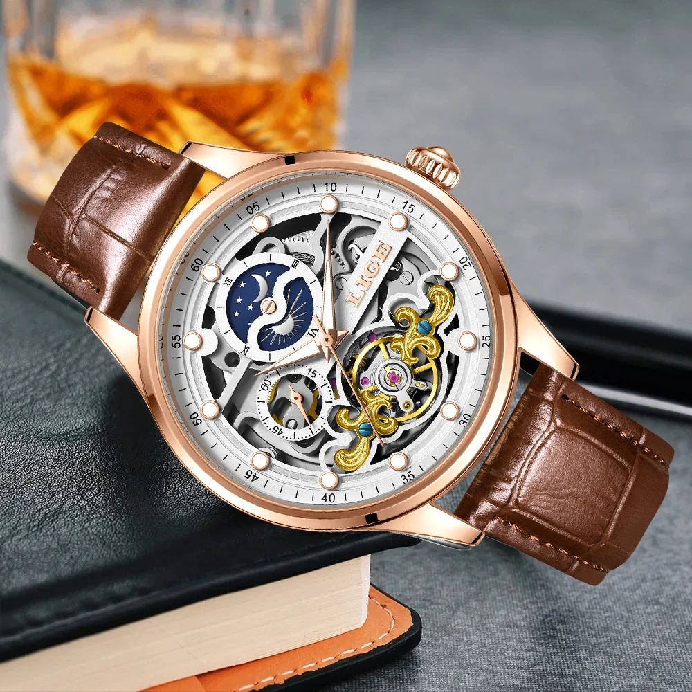 LIGE Retro Business Skeleton Man Mechanical Watch Fashion Luxury Tourbillon Automatic Luminous Watches for Men Reloj Hombre+Box
