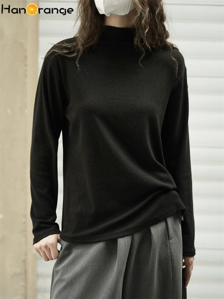 

HanOrange 2025 Winter Half High Collar Bottom Sweater Women Slim Fit Skin Friendly Top Black/Apricot