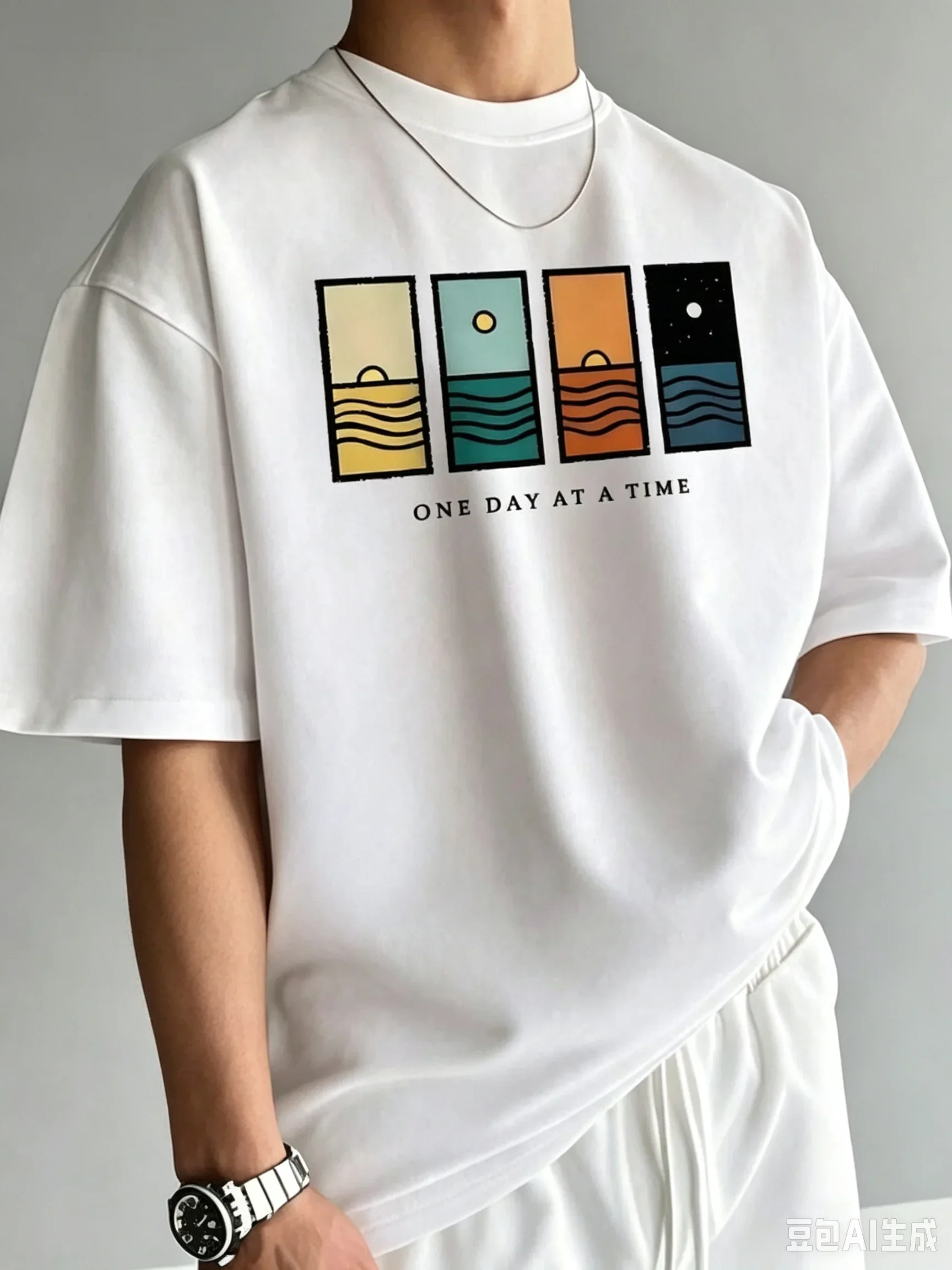 Men's T-shirt Men's Round Neck Short Sleeved T-shirt One Day At A Time Abstract Ocean Sunset Art Printed T-shirt Casual Street