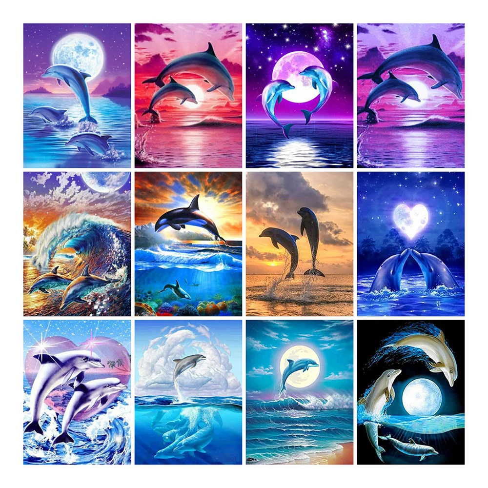 LZAIQIZG 5D DIY Diamond Painting Dolphin Full Square/Round Diamond Embroidery Mosaic Animal Moon Landscape Mosaic Home Decor