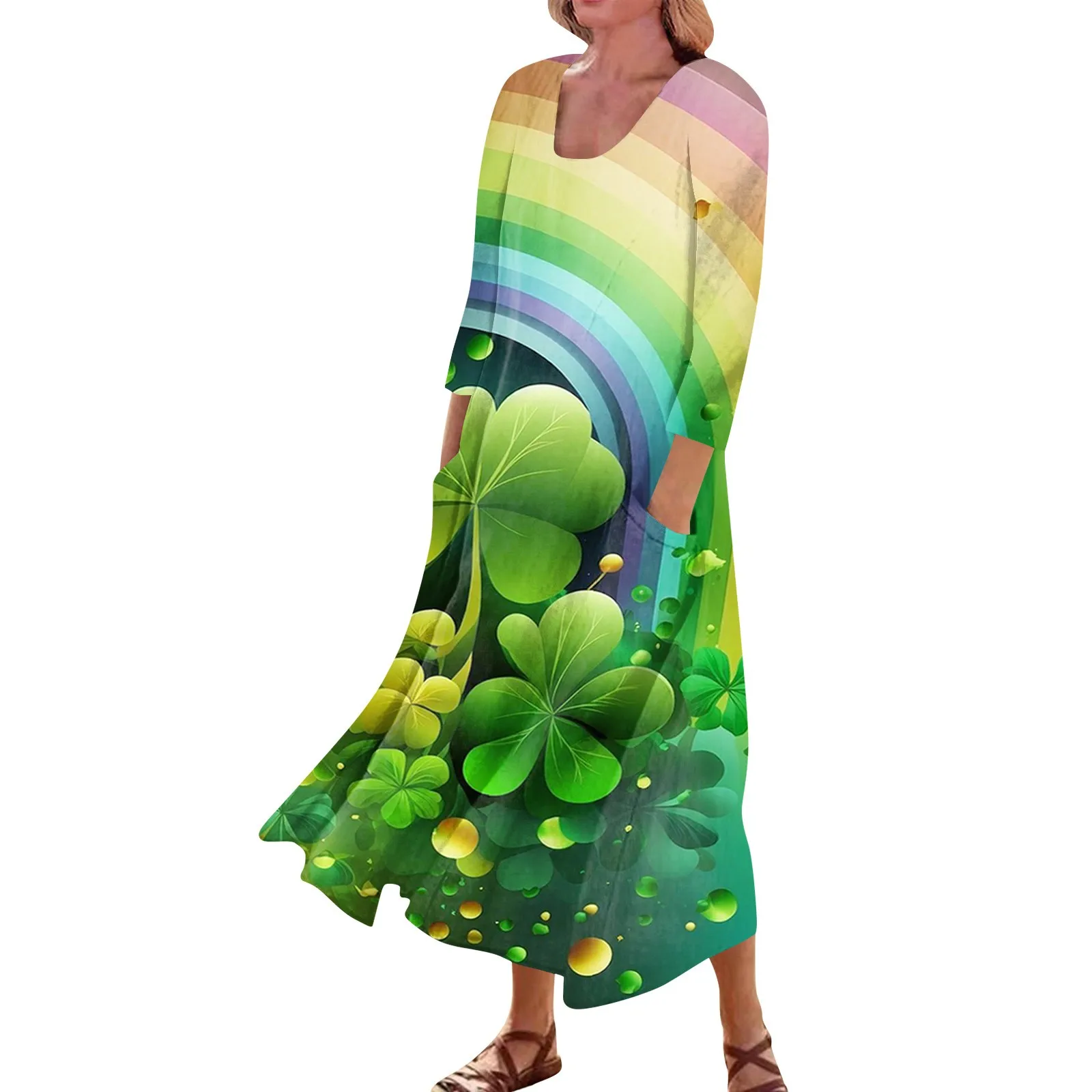 Vestido de São Patrício de manga comprida feminino, estampa trevos femininos, vestido de cintura alta, retrô, verde