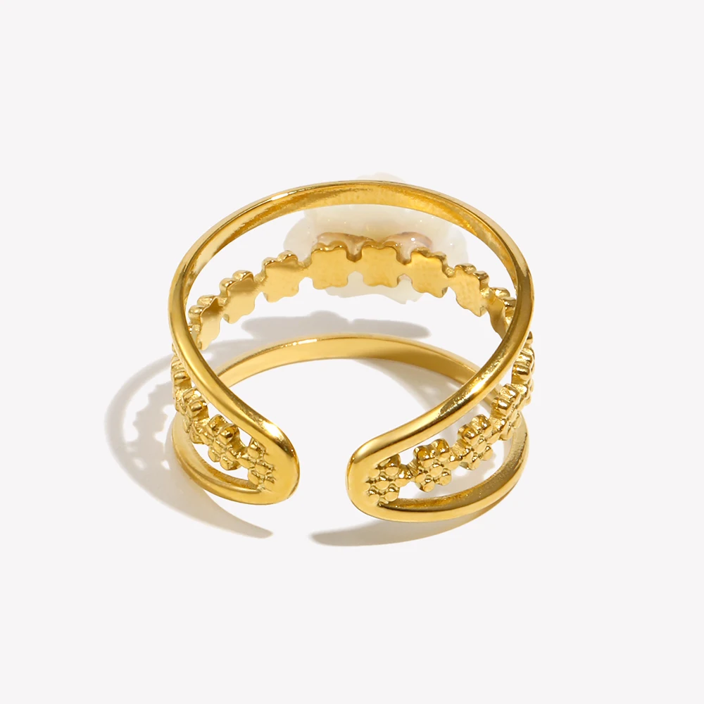 E.B.belle Cute Three Layers White Flower Opening Ring 18K Gold Plated Stainless Steel Waterproof  Party Finger Ring