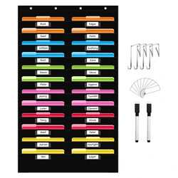 Black File Storage Pocket Chart with Nametag Pockets Hanging Wall File Organizer for Classroom and Office