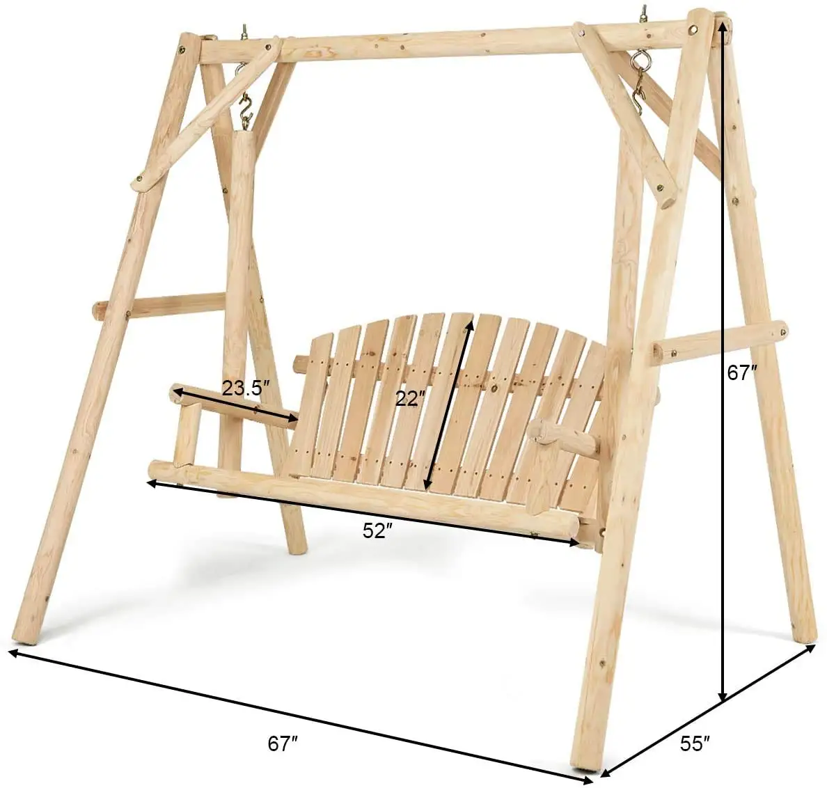 Outdoor Wooden A-Frame Porch Swing for 2 Person, Rustic Hardwood Patio Garden Yard Bench 6.5ft Adult Senior Toddler, Customized