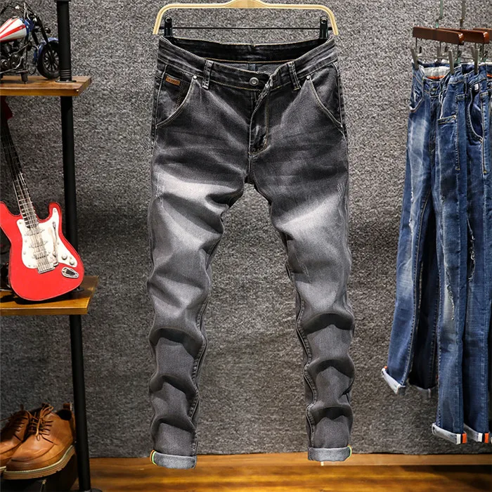 

Plus Size 38 Men's Fashion Jeans Business Casual Stretch Jeans Four Seasons Skinny Denim Pants Trousers Male Clothes Zipper Fly