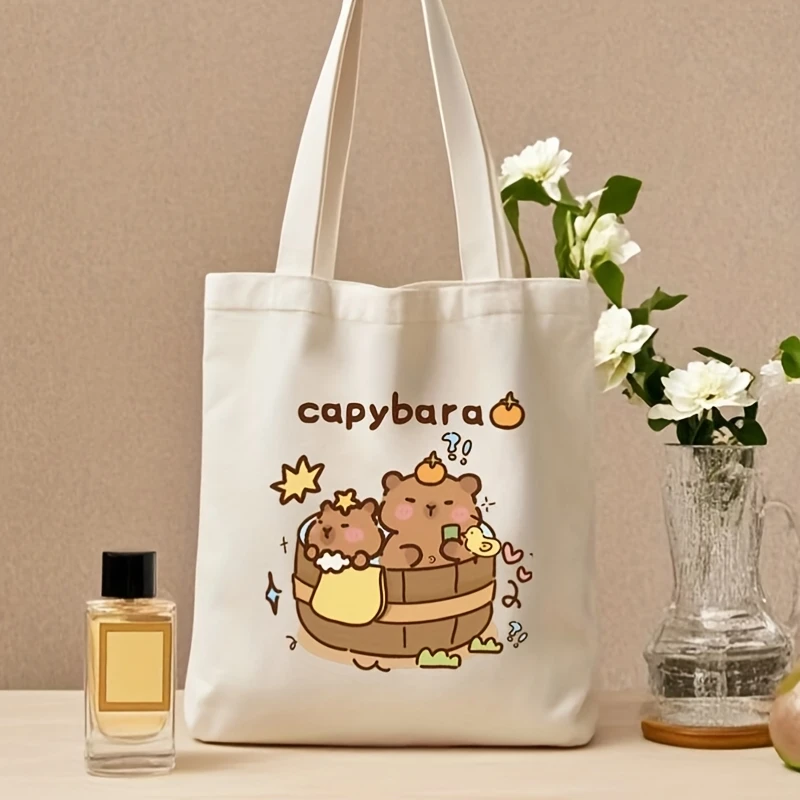 

1 Piece Lightweight Cotton Canvas Tote Bag with Cute Capybara and Star Pattern, Zipper Closure, Large Capacity Square Shoulder