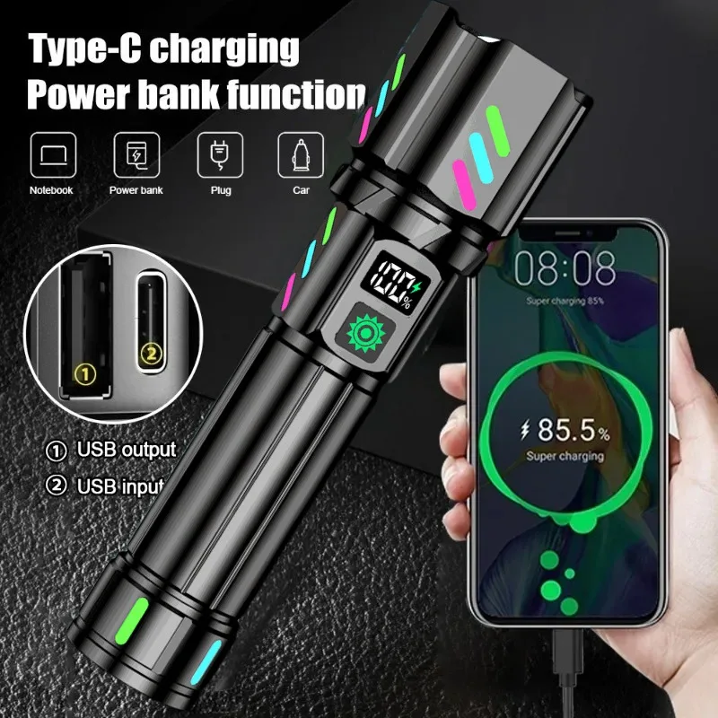 High Power LED Long Range Flashlight USB Rechargeable White Laser Zoomable Torch Light with Luminous Strips for Outdoor Camping