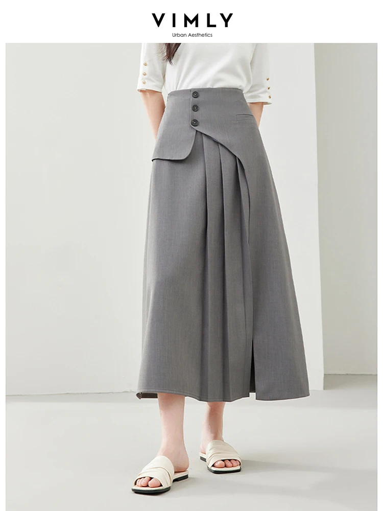 Vimly Grey Casual Simple A-line Umbrella Skirt 2024 Spring Elegant Solid Midi Skirts for Office Ladies Women\'s Clothing M5382