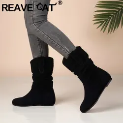 REAVE CAT Design Damskie botki do kostki Flock Round Toe Wedges Slip On Pleated Rozmiar 45 46 47 48 Leisure Daily Booties Women