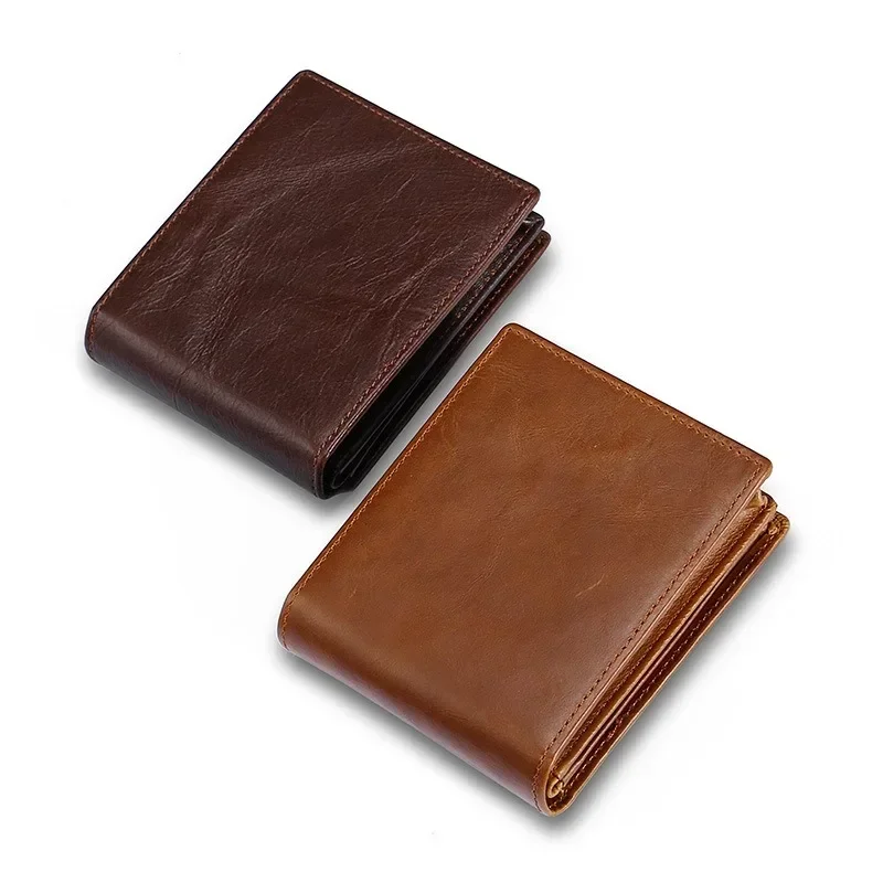 

Genuine Leather Wallet Retro Oil Wax Leather Men's Short Wallets RFID Card Coin Wallet