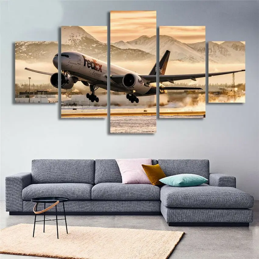 FedEx Express Airplane Takeoff Airport 5 Panel Canvas Print Wall Art Home Decor Poster No Framed 5 Piece Room Decor HD Print