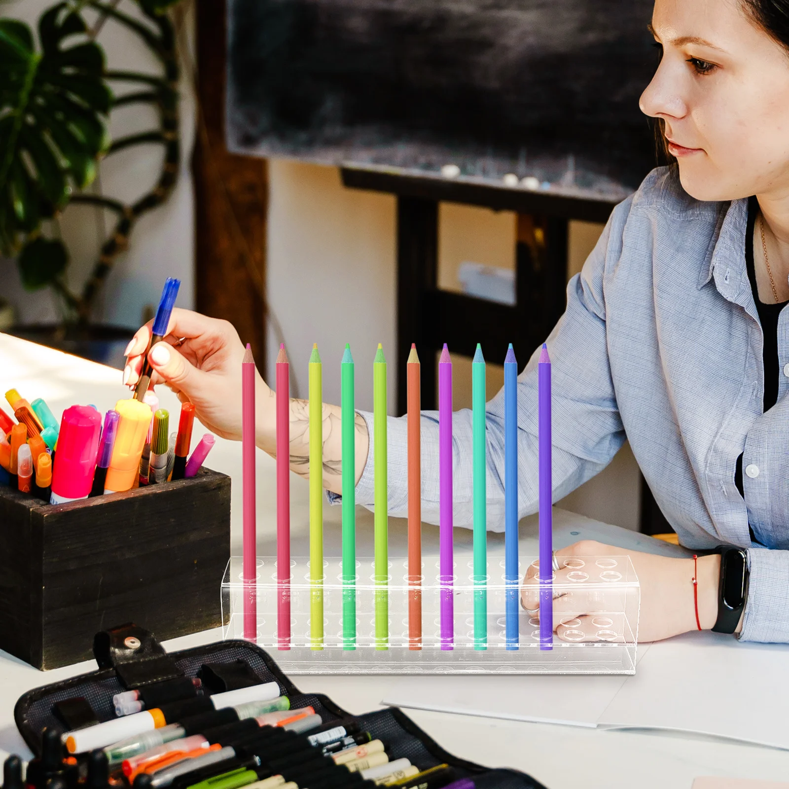 

Transparent Acrylic Pen Stand Multi-Slot Stationery Holder Makeup Brush Organizer Pencil Storage Rack