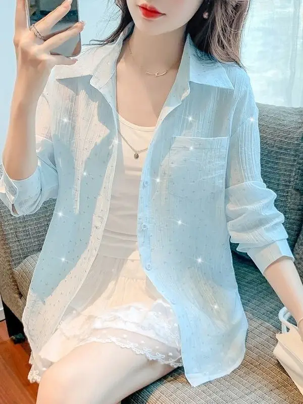 

Свободная повседневная рубашка с длинным рукавом для женщин, летняя модная верхняя одежда с пайетками, защита от солнца, французский стиль, прямой крой