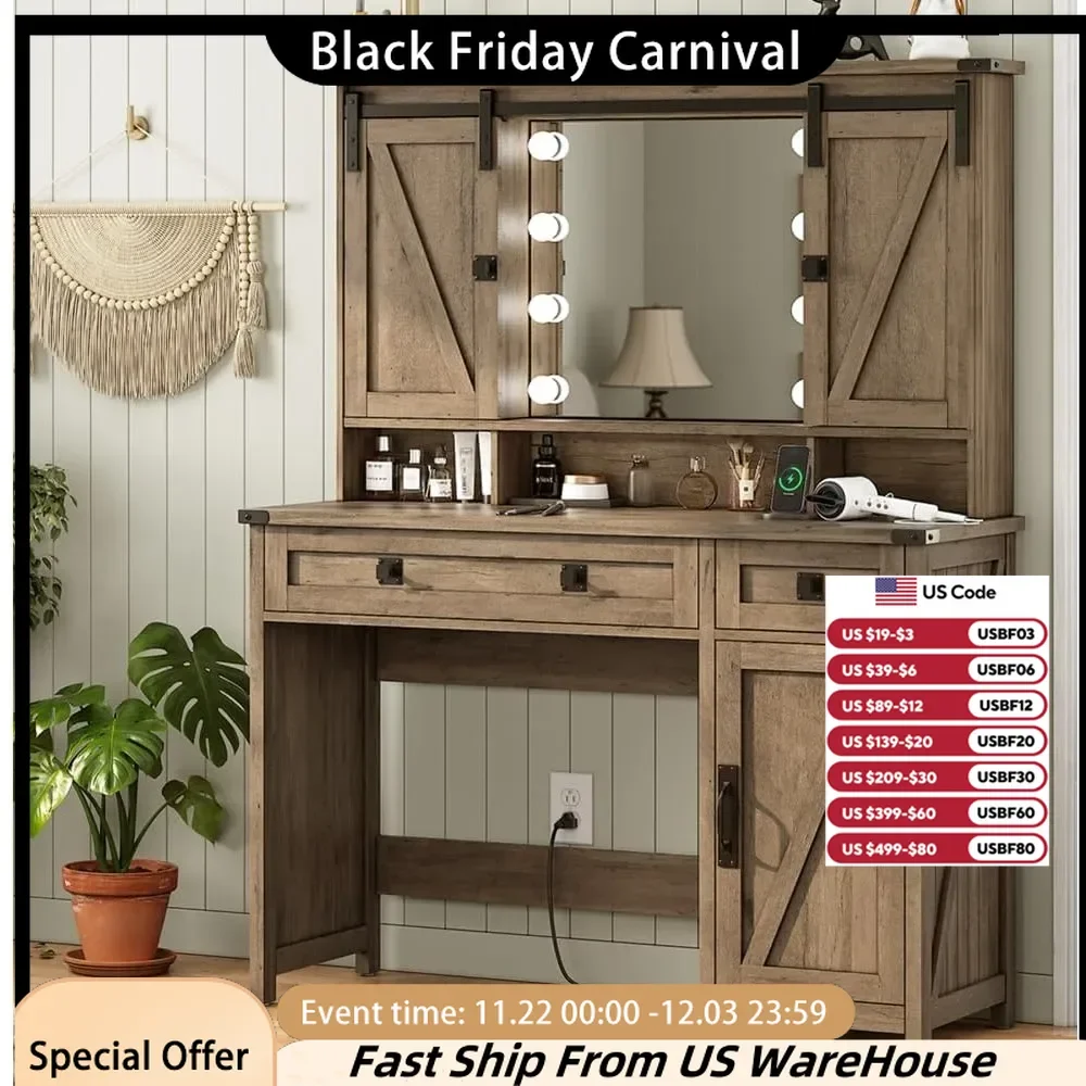 Dressing Table Makeup Vanity with Light, Vanity with Mirror and Lighting, and Charging Station Vanity Desk High-capacity