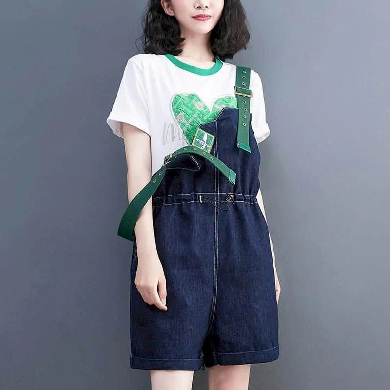 Denim Jumpsuits Vintage Waisted Loose Wide Leg Shorts Korean Fashion Romper Casual Bodysuits One Piece Outfits Women Clothing