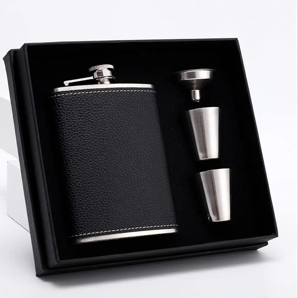 

8OZ Stainless Hip Flask with Leather Cover Leather Wrap Wiskey Bottle Gift Set with 2 Cup&Funnel Leak-proof Travel Alcohol Flask