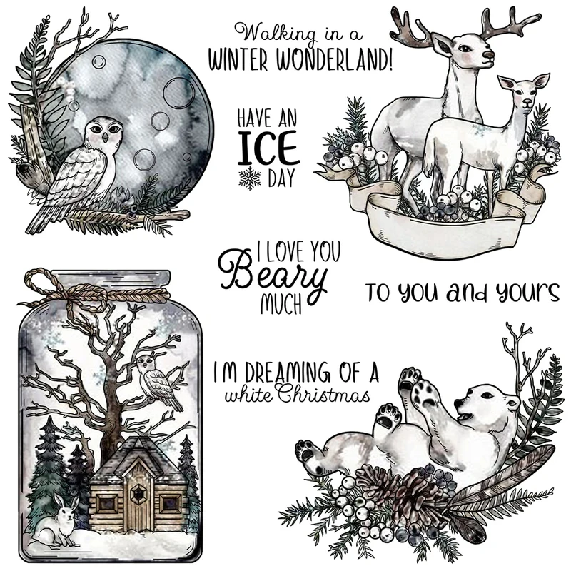 

Winter Cute Animals Deer Birds Cutting Dies Clear Stamp DIY Scrapbooking Metal Dies Silicone Stamp For Cards Decor