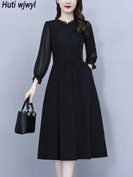 Casual Chic Embroidery Luxury Midi Robe Women Elegant Party Evening Vestidos 2024 Spring Autumn Vintage Black Lotus Collar Dress