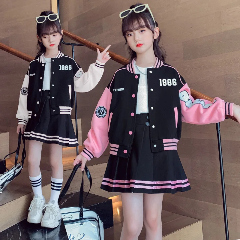 

Spring Autumn Hip Hop Cute Skirts Children's Clothing SetGirls Suit Crop Baseball Jacket + Skirt 2 Pieces Set Button Up Black